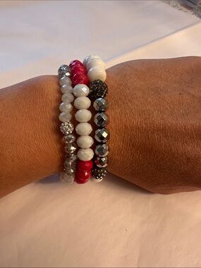 C. Wonder White, Red & Silver Beaded Bracelet Stack
